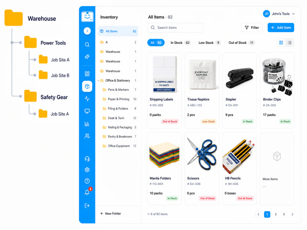 StockZip folder tree and visual inventory grid with item photos