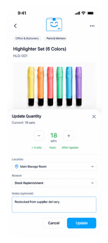 StockZip mobile app showing quantity update controls