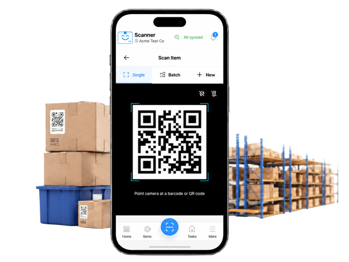StockZip phone screen showing barcode scanner, item details, and stock status
