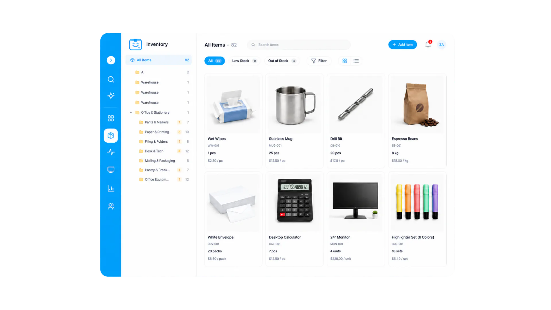 StockZip inventory dashboard showing folders, item cards, and stock levels